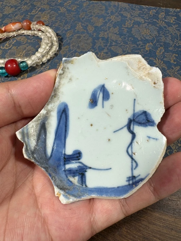 青花一帆风顺风景图瓷片标本收藏学习