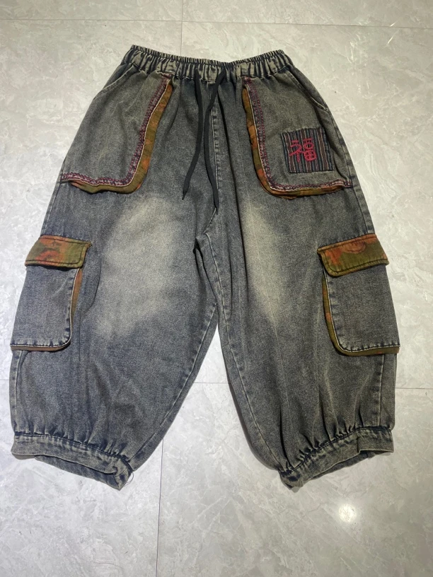 035早春上新重工福子刺绣炒色系牛仔灯笼裤