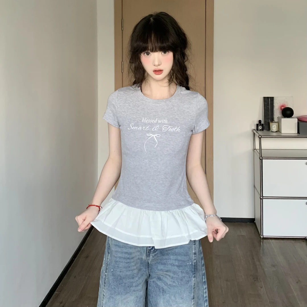 EZEK夏季2025新款纯色T恤修身蕾丝拼接裙摆百搭辣妹印花蝴蝶结潮