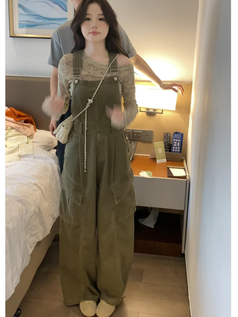 秋装搭配一整套韩系慵懒风露肩长袖针织上衣复古牛仔背带裤套装女