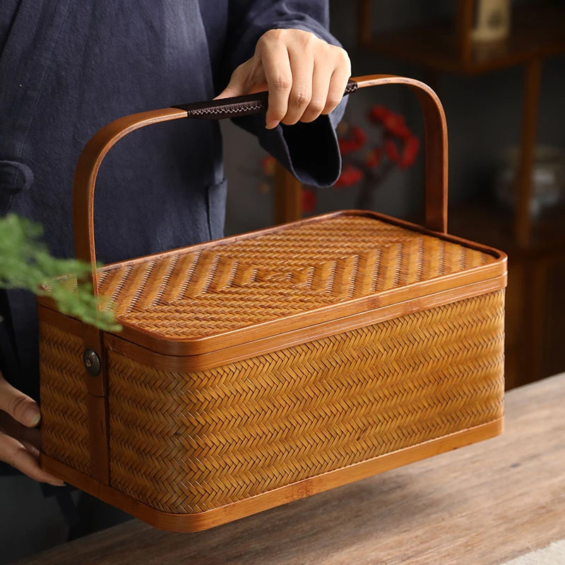 手工竹编提篮手提复古篮子竹双层食盒月饼礼盒便携茶道茶具收纳盒