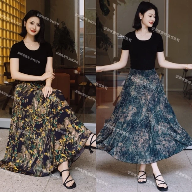 【纯净原单】文艺时尚丝垂冰感立体印花半身裙显瘦大摆裙薄款长裙