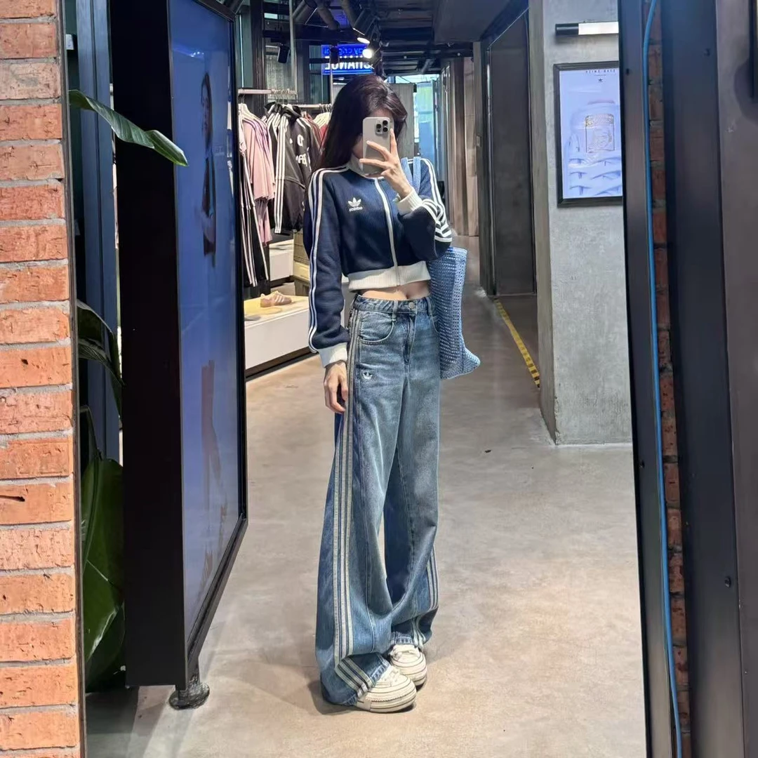 adidas三叶草 宋雨琦同款 欧若风牛仔阔腿运动弯刀裤JN0726 S