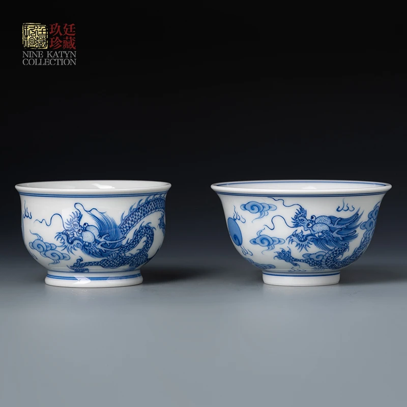 景德镇青花瓷龙纹茶杯高档功夫茶具手工手绘压手杯炉式杯单杯