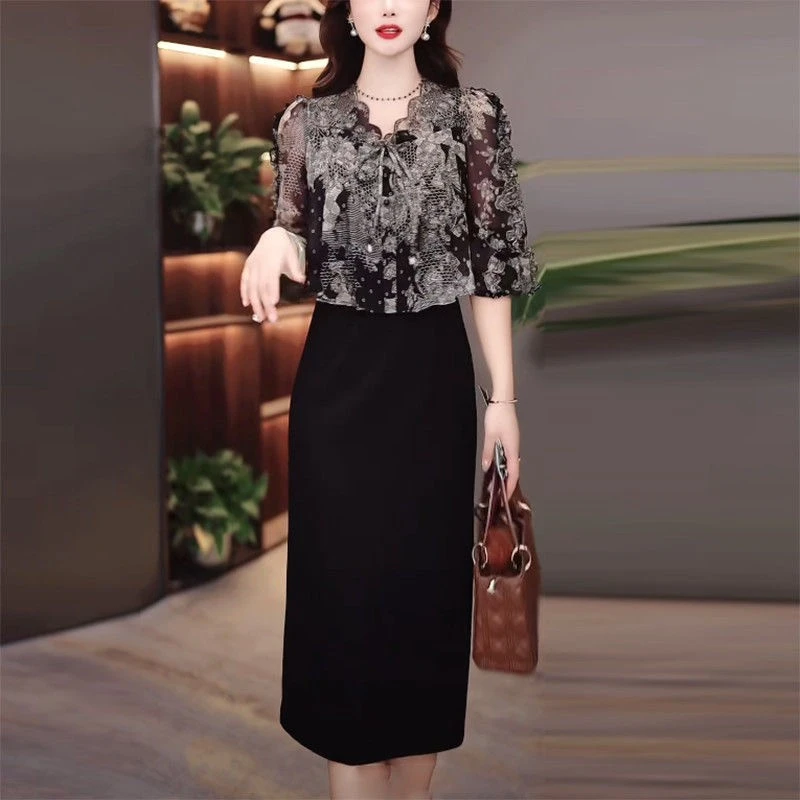 高档琉璃丝假两件优雅气质简约礼服裙2025夏季新款遮肚减龄连衣裙