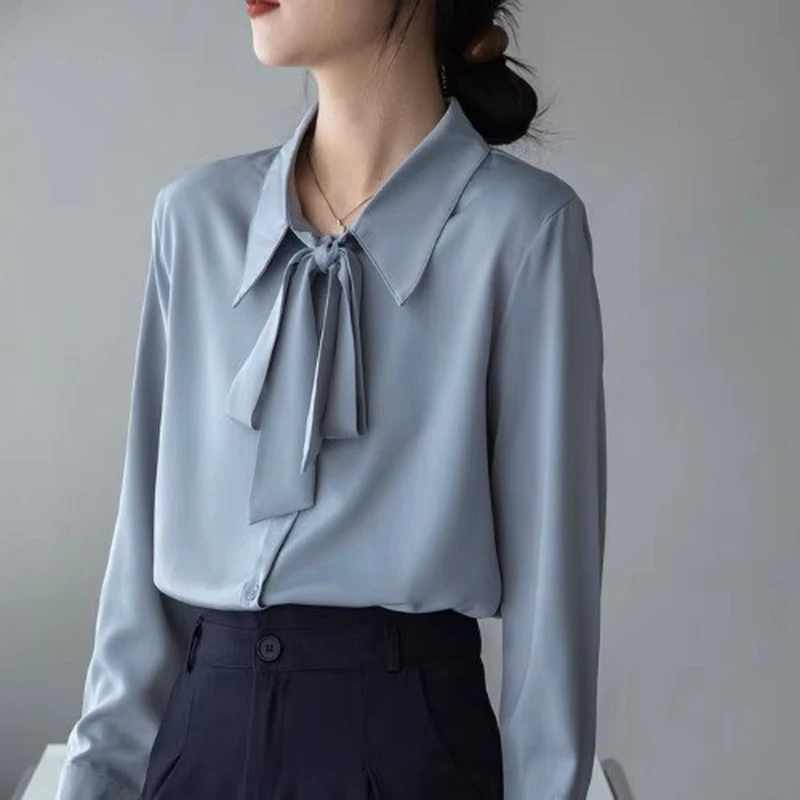 职业正装蓝色衬衫女秋季公务员教师教资穿搭大学生工作面试上衣新