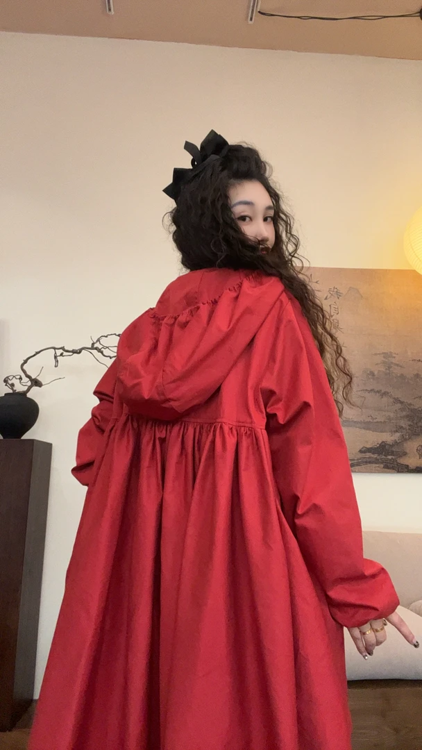 museguhui/木色古汇825117#连帽设计感气质长袖中长款秋季风衣