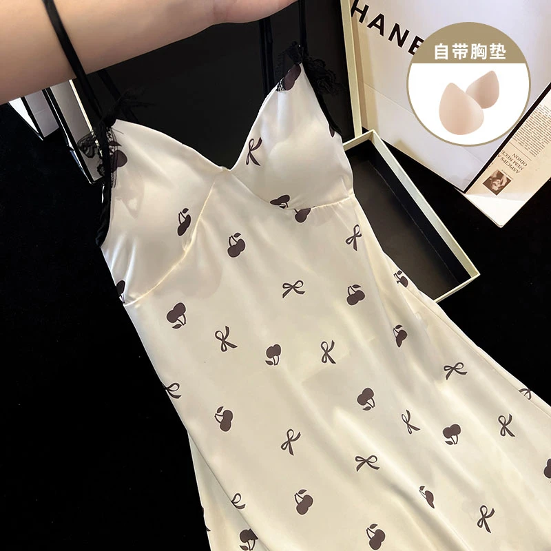 甜美风樱桃带胸垫吊带冰丝睡裙女款夏季高级感女士性感睡衣家居服