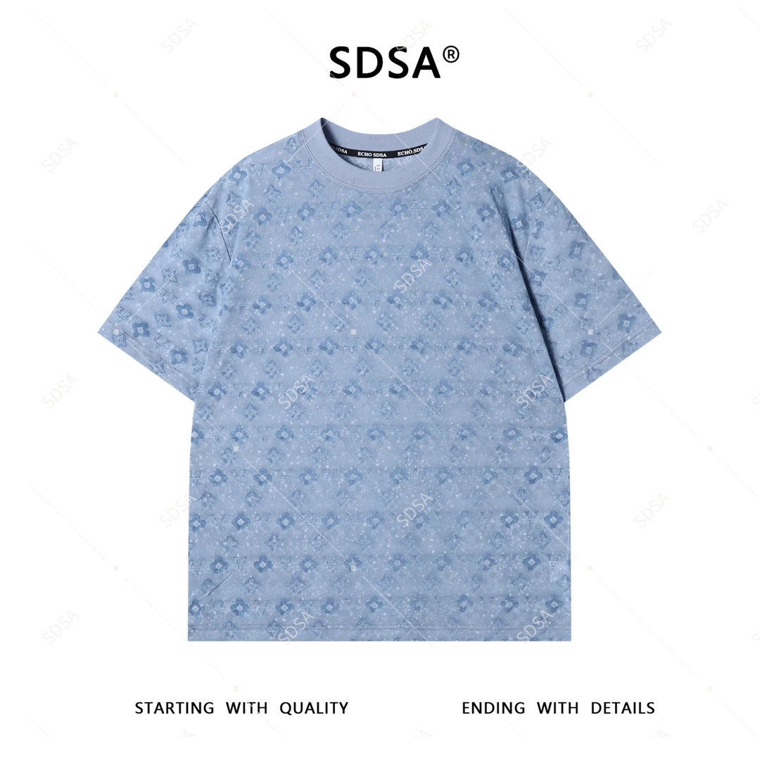 SDSA夏季新款男士痞帅简约亲肤植绒字母圆领短袖T恤休闲宽松上衣