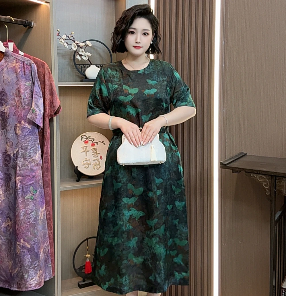 【缘聚】2025新款高端重磅时尚素雅新中式风格印花遮肉显瘦连衣裙