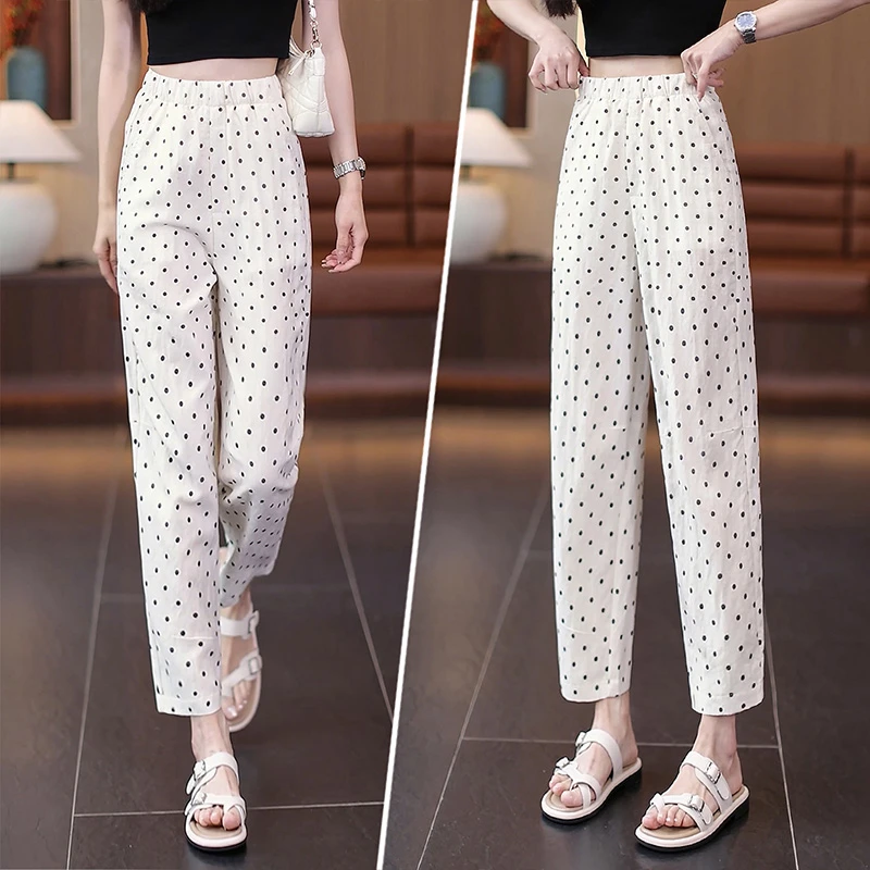 天丝亚麻哈伦裤女2025新款高腰垂感夏季薄款九分宽松印花休闲裤子