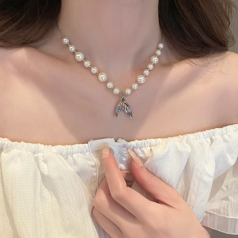 合金仿珍珠项链 法式珍珠鱼尾项链轻奢小众设计感抽拉锁骨链配饰