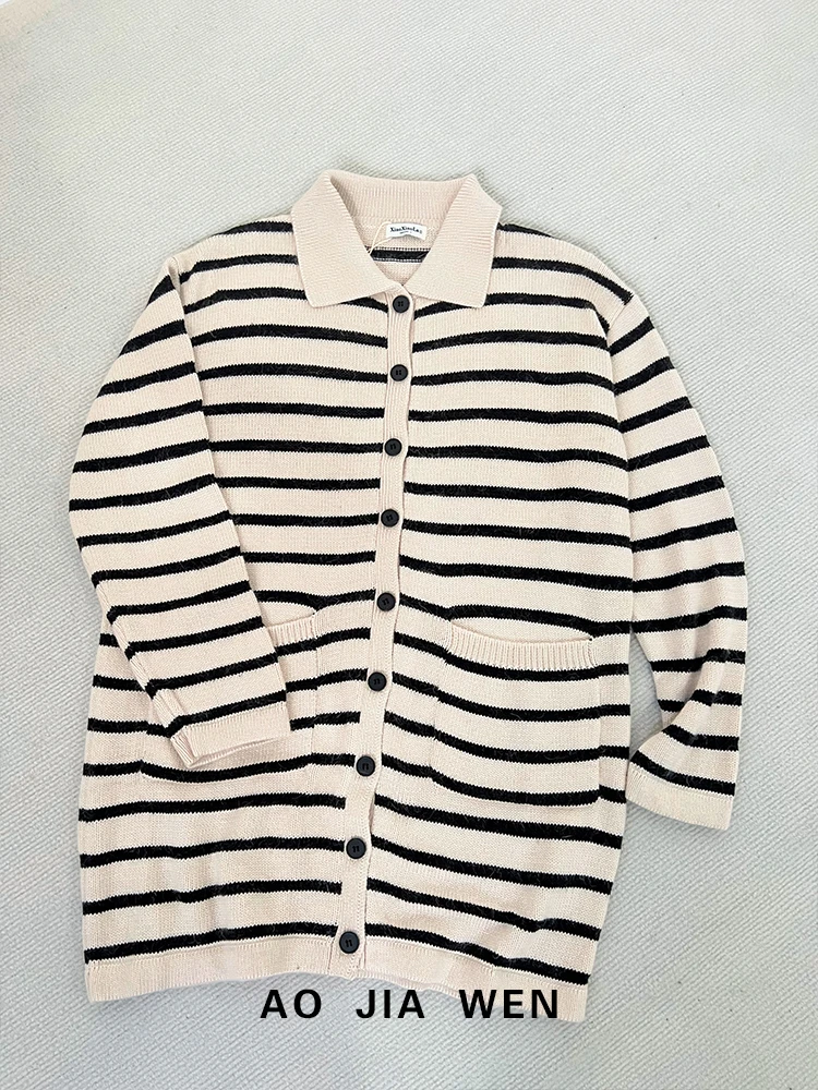 【佳文定制】2341条纹Polo领中长款毛针织衫口袋毛衣上衣