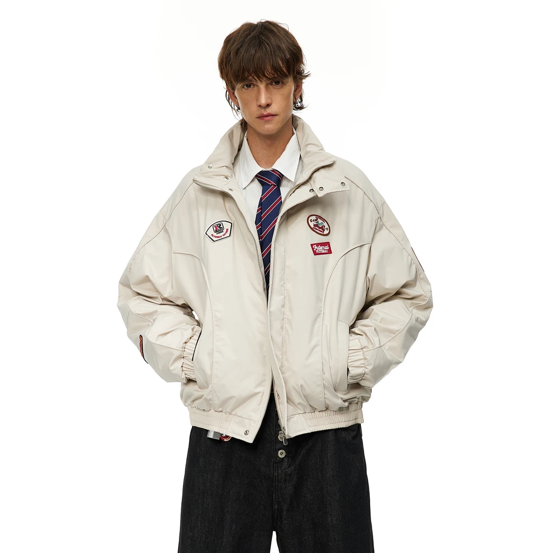 男道美式复古贴标徽章立领棉服冬季廓形解构加厚外套情侣工装棉衣