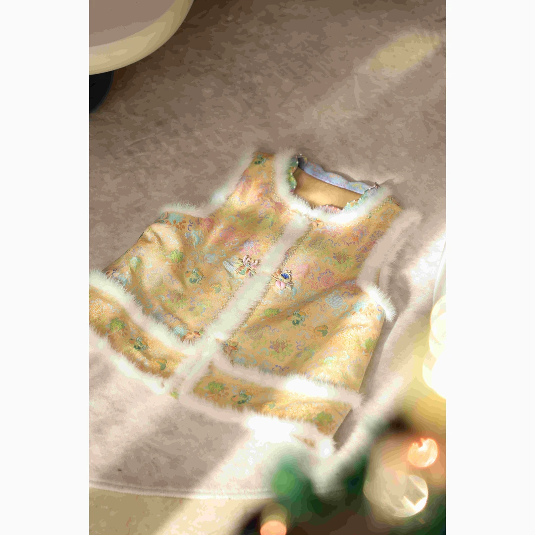 【锦说欢喜】'黄古钱棉马甲'上久楷宋锦新中式高定棉马甲