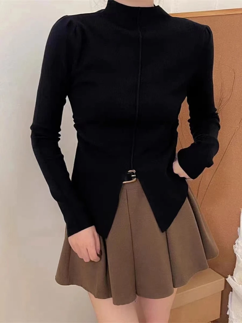 2025下摆不规则开叉针织衫女秋冬新款长袖套头打底衫圆领毛衣