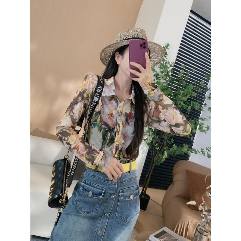 Q【晕染衬衫】彩绘晕染小众复古收腰衬衫88036