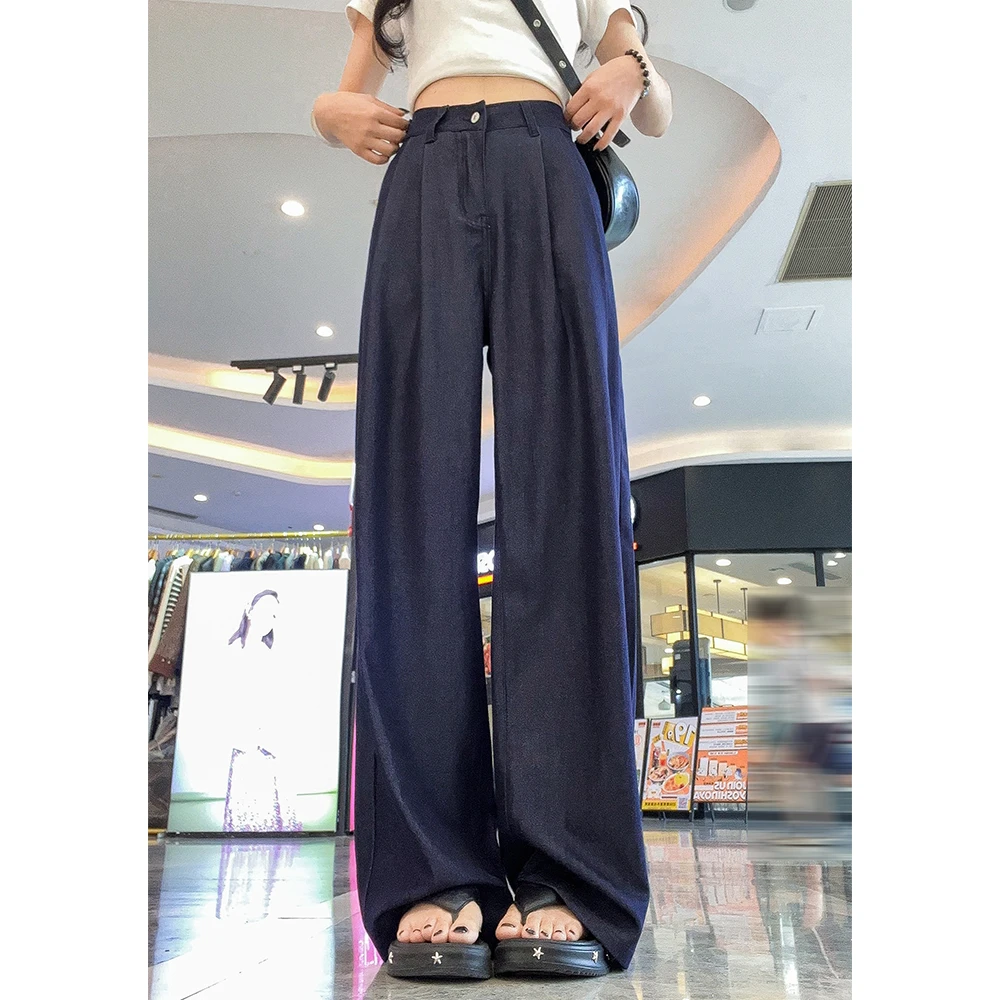 147丹宁蓝天丝牛仔裤女夏季薄款宽松休闲小个子垂感冰丝阔腿裤子