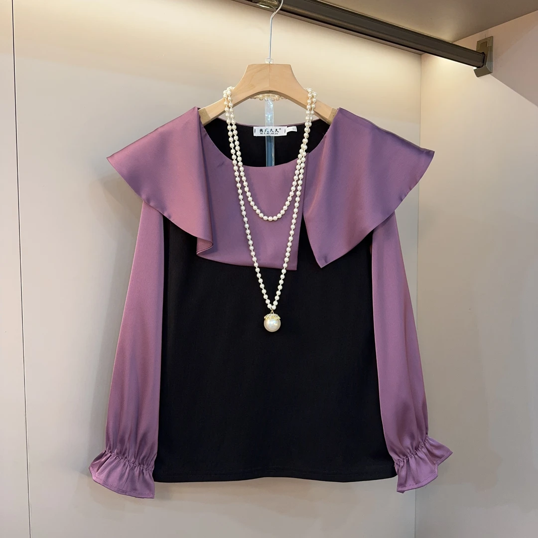 新款秋季2025圆领开叉荷叶边领拼色设计感洋气时尚百搭上衣890