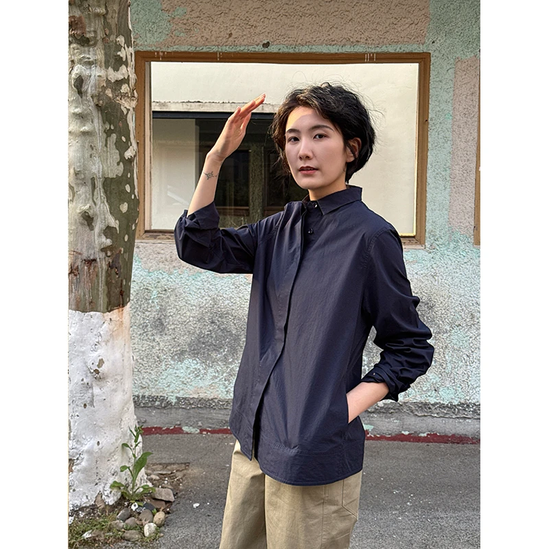LANGQING 藏青色正肩小个子气质长袖休闲简约衬衫43564#