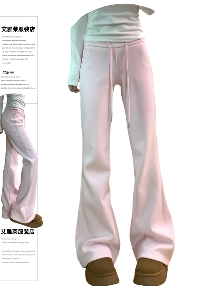 美式粉色抽绳微喇叭休闲卫裤女2025春季新款修身显瘦直筒拖地裤子