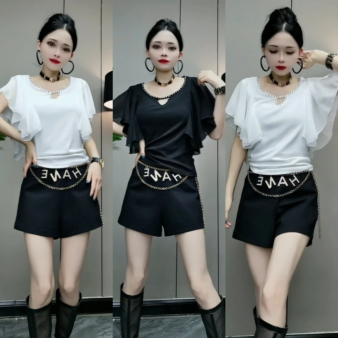 6072#QYF拼接钉珠设计短袖t恤女夏荷叶袖上衣修身显瘦洋气小衫