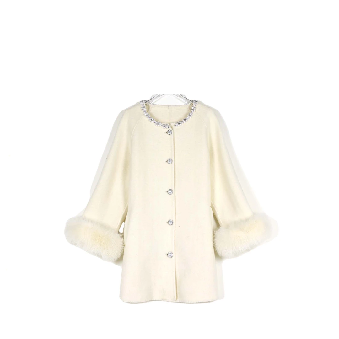 【特价】珍珠韩系小香风中长款狐狸毛呢羊毛大衣外套YC 7332