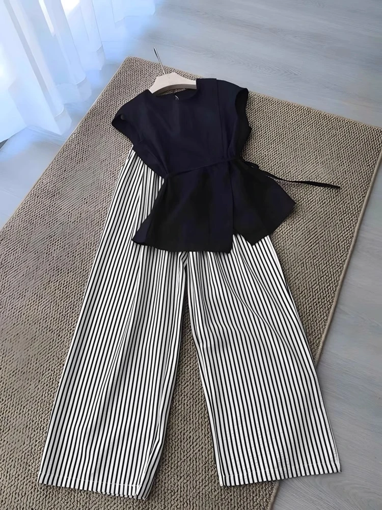 夏装搭配一整套盐系轻熟法式收腰显瘦衬衫女条纹阔腿裤洋气两件套