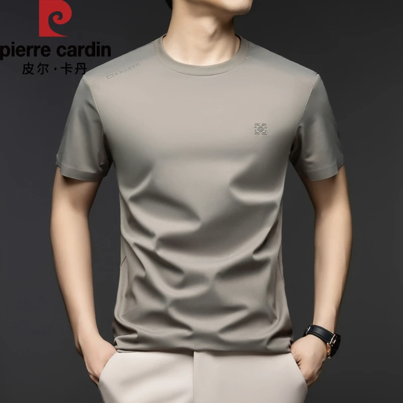 皮尔卡丹男士夏季桑蚕丝短袖t恤薄款修身纯色上衣百搭冰感体恤男