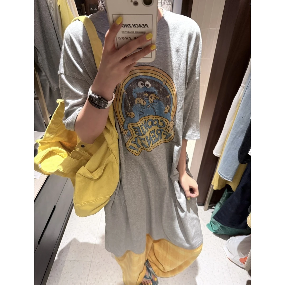 森屿莱赛尔亚麻芝麻街做旧卡通印花宽松圆领轻薄短袖T恤裙衣服
