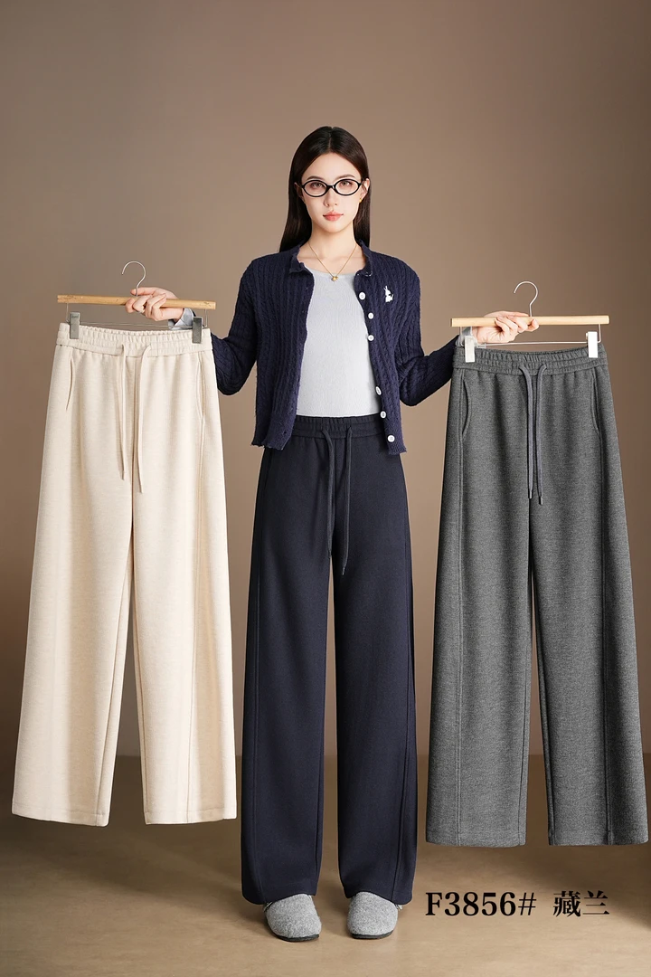 秋冬羊毛呢高腰香蕉裤阔腿弯刀裤女休闲宽松运动长裤3856