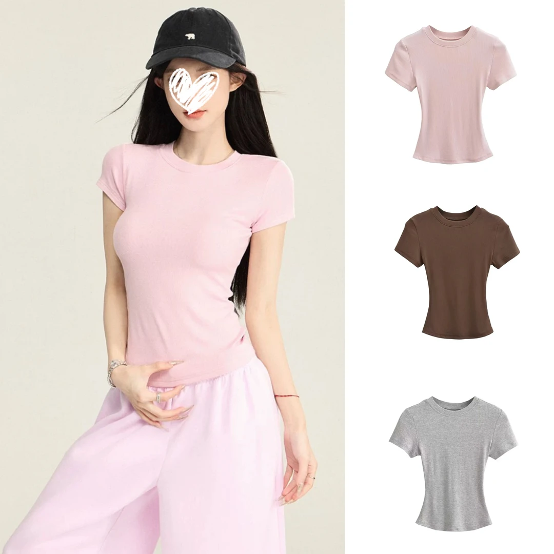 高弹正肩t恤短袖长袖女夏季2025修身美式短款上衣简约浅色系穿搭
