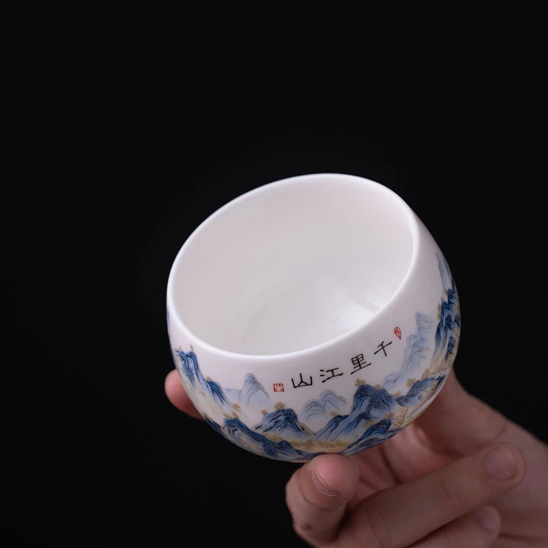 千里江山主人杯白瓷功夫茶杯陶瓷茶具大容量茶杯品茗杯C757