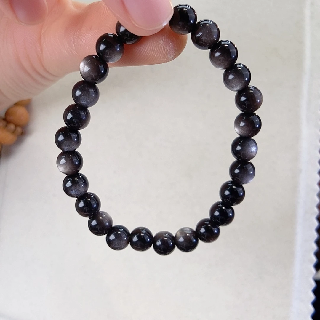 黑曜岩未镶嵌手链银曜石手链7mm