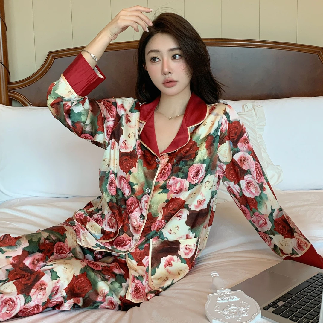 2025年春秋国风新中式款高级长袖长裤睡衣女大码家居服套装送妈妈