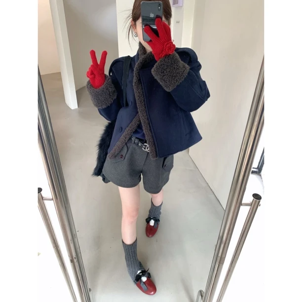 赵小小【伦敦日常】10005 冬装拼接毛毛短款毛呢外套女加厚呢子外套