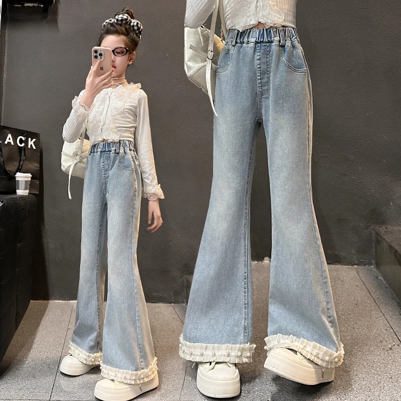 女童喇叭裤春秋外穿2025新款中大童洋气花边牛仔裤儿童显瘦微喇裤