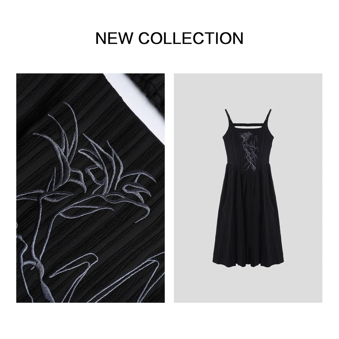 【龙哥专属】L3F28011 黑色竖纹底白色花卉刺绣吊带连衣裙 3748