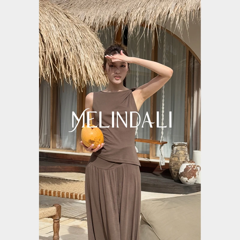 Melinda Li【浪漫松弛套】桑蚕丝弹力针织背心高腰A字垂感半裙套装