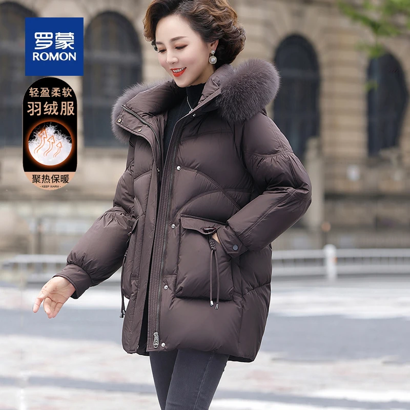 罗蒙气质中长款狐狸毛领妈妈冬装羽绒服女时尚宽松加厚中老年外套