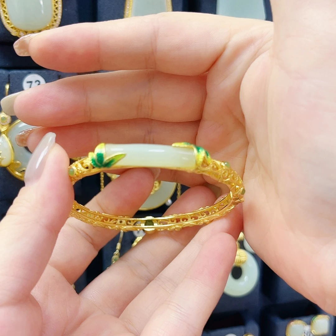 和田玉银S925镀金镶嵌手镯