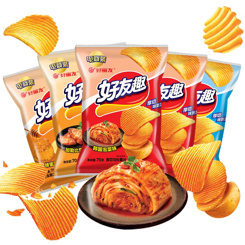 好丽友好友趣薯片/薯条韩国泡菜味70g×5袋大凹凸薯片小吃零食包