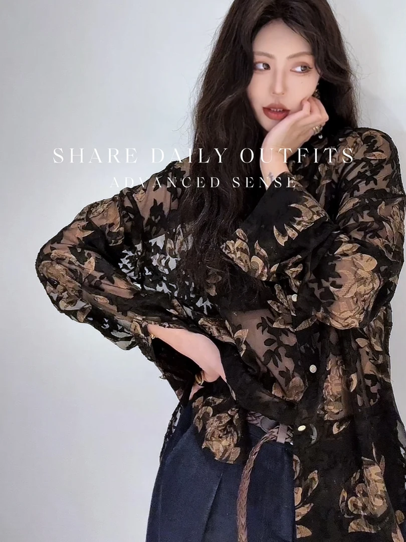 高温妮【暮色】百搭时尚重工小众复古松弛感廓形衬衫  5e32208