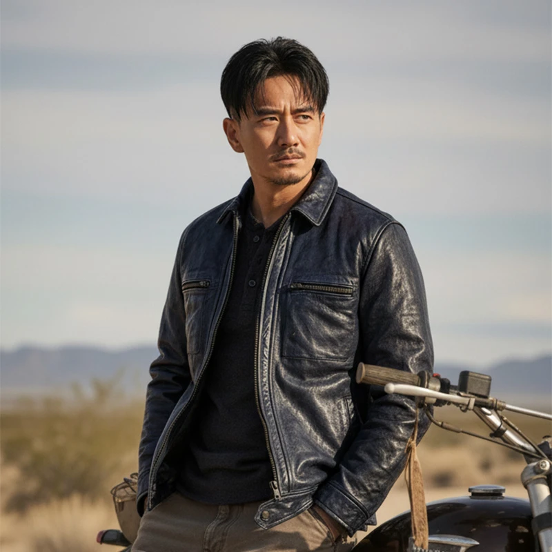 男士翻领深蓝色马皮多口袋秋冬外套简约休闲款真皮夹克 G2421