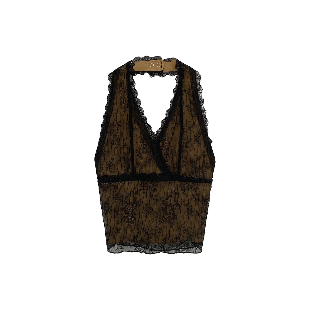 hello达人自拍泰式酷辣性感蕾丝挂脖无袖吊带背心女2025夏新款纯