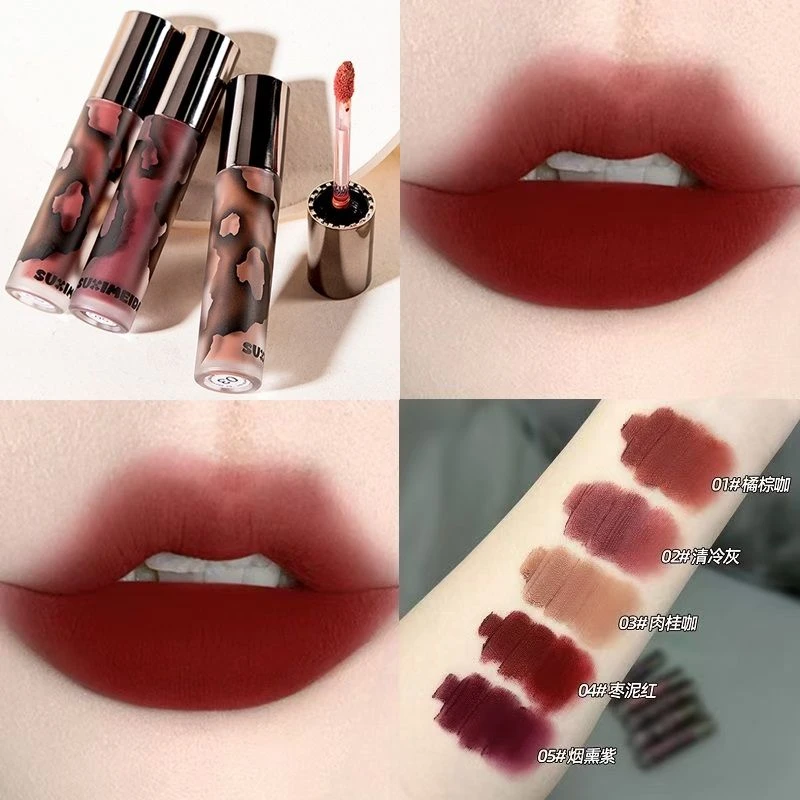 秋冬琥珀唇釉雾面哑光唇泥丝绒深红色口红平价学生显白持久高级色