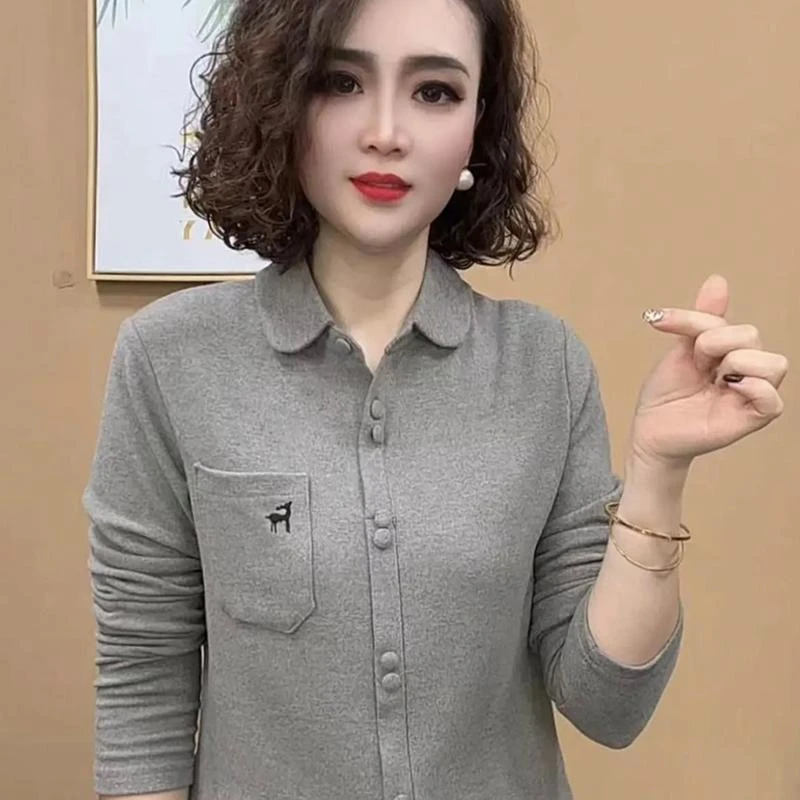 秋冬新款双面德绒POLO领T恤打底衫女2025新款百搭设计感刺绣上衣