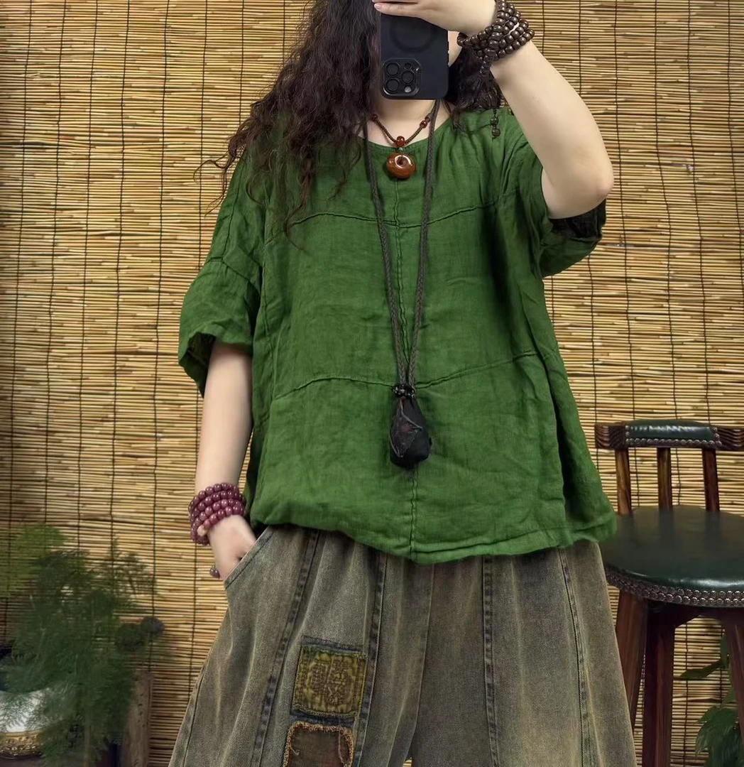 8116休闲时尚圆领宽松行线方块亚麻上衣（长60左右，90-160斤）