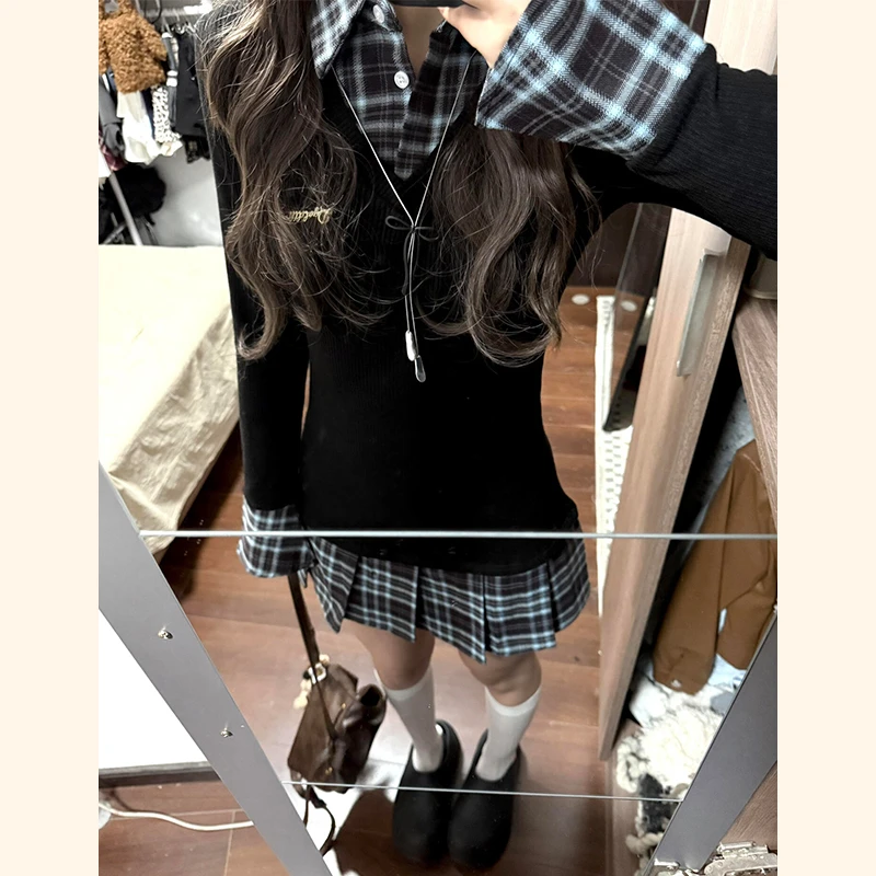 学院风韩系假两件连衣裙子女夏季2025新款小个子茶歇法式气质短裙