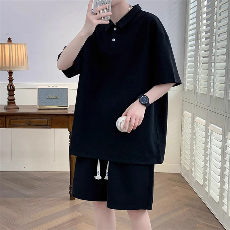 夏季POLO衫套装男港风宽松运动加肥加大码男装短裤短袖搭配一整套